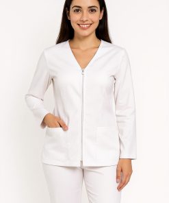 Halat Medical de Dama cu Fermoar si Maneca Lunga - Alb